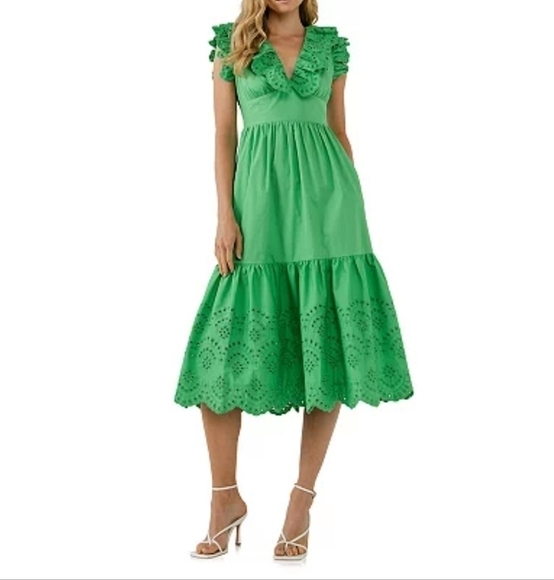English Factory Eyelet Scallop Detail Midi Dress - Picture 1 of 16